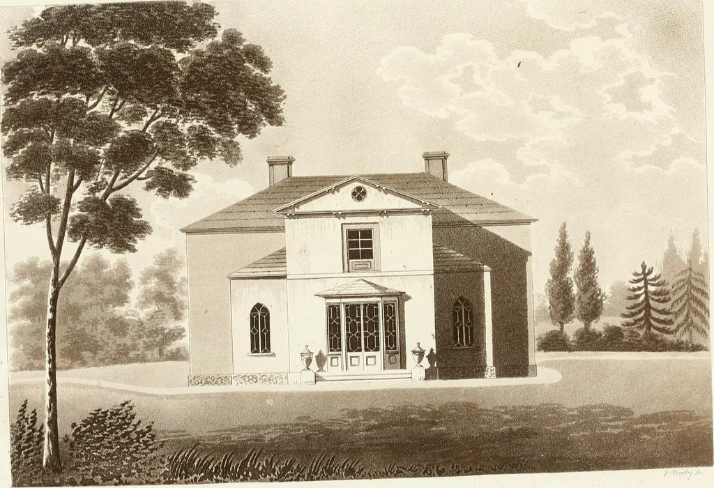 An illustration from Hints for dwellings : consisting of original designs for cottages, farm-houses, villas &c. plain and ornamental, with plans to each : in which strict attention is paid to unite convenience and elegance with economy : including some designs for town houses, 1801, leaf 70