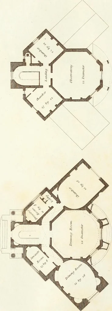 An illustration from Hints for dwellings : consisting of original designs for cottages, farm-houses, villas &c. plain and ornamental, with plans to each : in which strict attention is paid to unite convenience and elegance with economy : including some designs for town houses, 1801, leaf 72