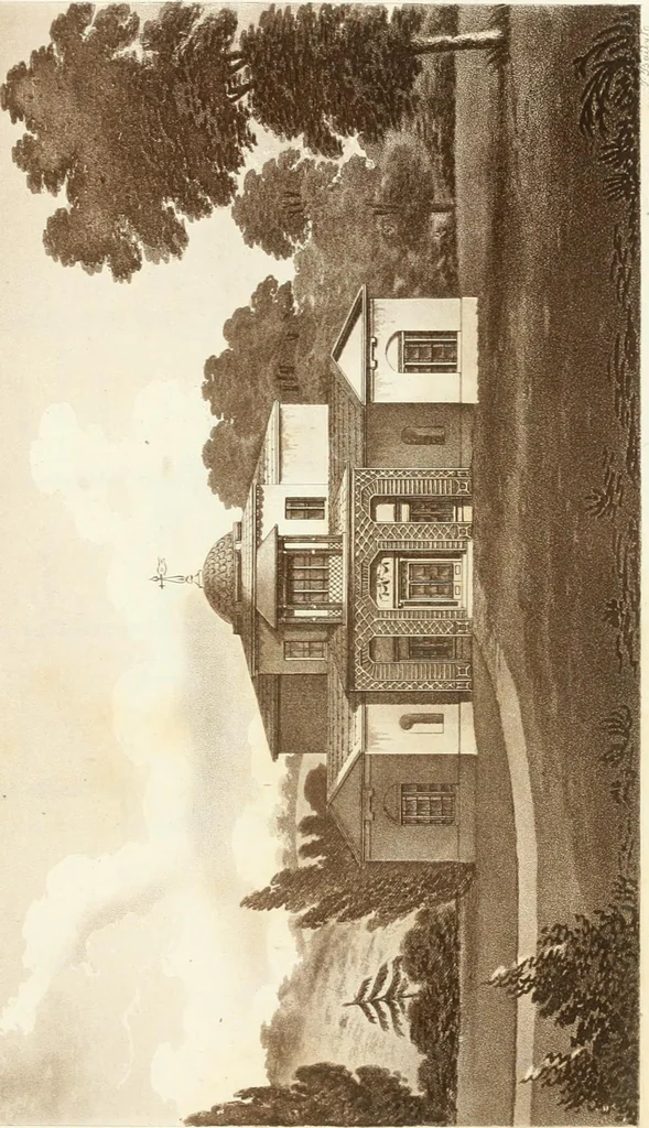 An illustration from Hints for dwellings : consisting of original designs for cottages, farm-houses, villas &c. plain and ornamental, with plans to each : in which strict attention is paid to unite convenience and elegance with economy : including some designs for town houses, 1801, leaf 74