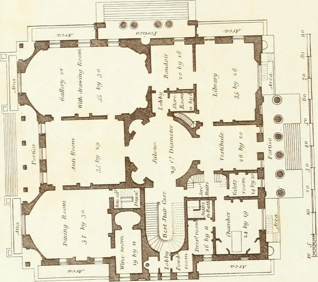 An illustration from Hints for dwellings : consisting of original designs for cottages, farm-houses, villas &c. plain and ornamental, with plans to each : in which strict attention is paid to unite convenience and elegance with economy : including some designs for town houses, 1801, leaf 76