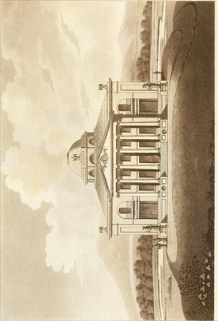 An illustration from Hints for dwellings : consisting of original designs for cottages, farm-houses, villas &c. plain and ornamental, with plans to each : in which strict attention is paid to unite convenience and elegance with economy : including some designs for town houses, 1801, leaf 78