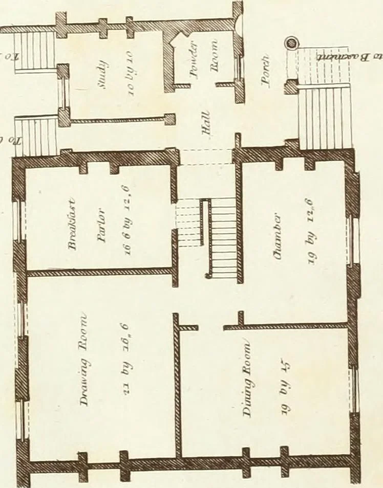 An illustration from Hints for dwellings : consisting of original designs for cottages, farm-houses, villas &c. plain and ornamental, with plans to each : in which strict attention is paid to unite convenience and elegance with economy : including some designs for town houses, 1801, leaf 84