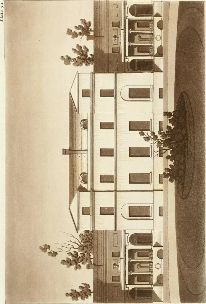 An illustration from Hints for dwellings : consisting of original designs for cottages, farm-houses, villas &c. plain and ornamental, with plans to each : in which strict attention is paid to unite convenience and elegance with economy : including some designs for town houses, 1801, leaf 86