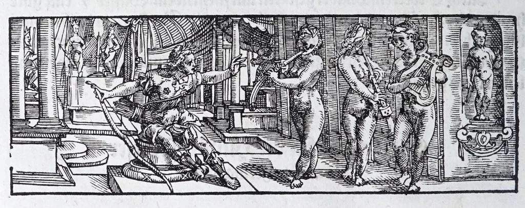 An illustration from Hippopronia : grundtlicher vnnd eigentlicher Bericht inn zwey Bücher verfasset : erstlichen, von Art vnd Eygenschafft der Pferde, wie die auff allerhand vnd vilfaltige Manieren vnd Weisen zu zeumen vnnd abzurichten : mit darzu gehöriger Mundstucken vnd Stangen, vff vnd Abrisse vnd andern künstlichen Figurẽ vorgebildt : so dann fürs ander von derselben Zufäll vnnd Kranckheiten, auch bewehrter Mittel, Curation vnd heilsamen Artzneyen gegründte Beschreibung : alles durch langwirige Erfahrung ... zusam̃en gebracht, vnd ... vor Jaren in Truck verfertigt, 1599, leaf 118