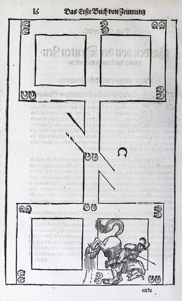 An illustration from Hippopronia : grundtlicher vnnd eigentlicher Bericht inn zwey Bücher verfasset : erstlichen, von Art vnd Eygenschafft der Pferde, wie die auff allerhand vnd vilfaltige Manieren vnd Weisen zu zeumen vnnd abzurichten : mit darzu gehöriger Mundstucken vnd Stangen, vff vnd Abrisse vnd andern künstlichen Figurẽ vorgebildt : so dann fürs ander von derselben Zufäll vnnd Kranckheiten, auch bewehrter Mittel, Curation vnd heilsamen Artzneyen gegründte Beschreibung : alles durch langwirige Erfahrung ... zusam̃en gebracht, vnd ... vor Jaren in Truck verfertigt, 1599, leaf 28