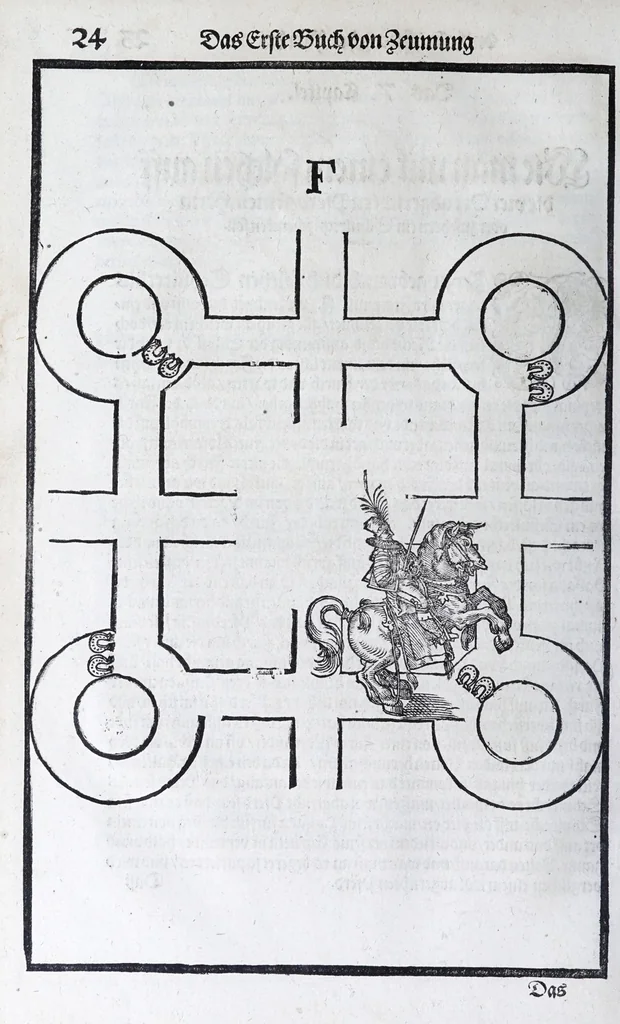 An illustration from Hippopronia : grundtlicher vnnd eigentlicher Bericht inn zwey Bücher verfasset : erstlichen, von Art vnd Eygenschafft der Pferde, wie die auff allerhand vnd vilfaltige Manieren vnd Weisen zu zeumen vnnd abzurichten : mit darzu gehöriger Mundstucken vnd Stangen, vff vnd Abrisse vnd andern künstlichen Figurẽ vorgebildt : so dann fürs ander von derselben Zufäll vnnd Kranckheiten, auch bewehrter Mittel, Curation vnd heilsamen Artzneyen gegründte Beschreibung : alles durch langwirige Erfahrung ... zusam̃en gebracht, vnd ... vor Jaren in Truck verfertigt, 1599, leaf 36