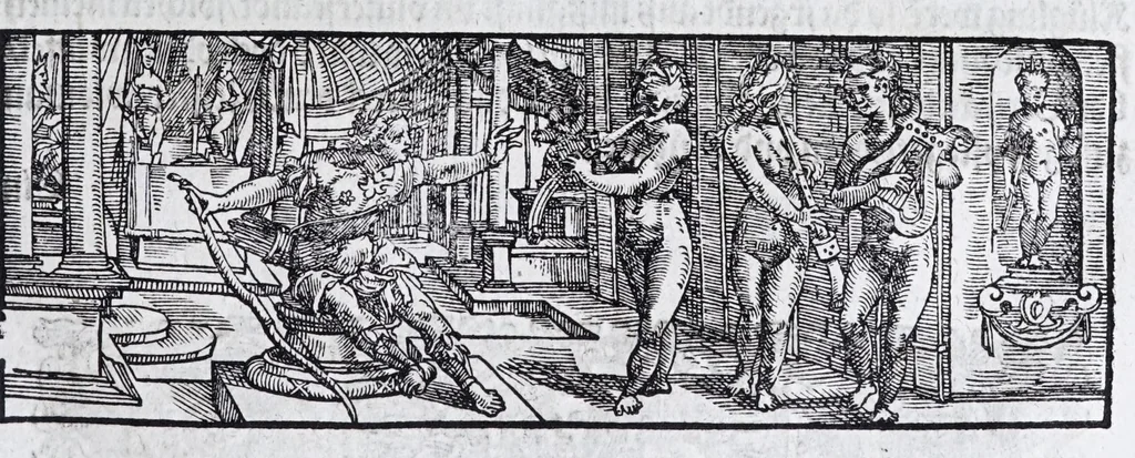 An illustration from Hippopronia : grundtlicher vnnd eigentlicher Bericht inn zwey Bücher verfasset : erstlichen, von Art vnd Eygenschafft der Pferde, wie die auff allerhand vnd vilfaltige Manieren vnd Weisen zu zeumen vnnd abzurichten : mit darzu gehöriger Mundstucken vnd Stangen, vff vnd Abrisse vnd andern künstlichen Figurẽ vorgebildt : so dann fürs ander von derselben Zufäll vnnd Kranckheiten, auch bewehrter Mittel, Curation vnd heilsamen Artzneyen gegründte Beschreibung : alles durch langwirige Erfahrung ... zusam̃en gebracht, vnd ... vor Jaren in Truck verfertigt, 1599, leaf 45