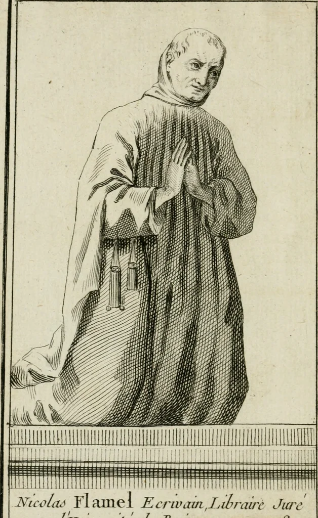 An illustration from Histoire critique de Nicolas Flamel et de Pernelle sa femme : recueillie d'actes anciens qui justifient l'origine & la médiocrité de leur fortune contre les imputations des alchimistes : on y a joint le testament de Pernelle & plusieurs autres pieces intéressantes, 1761, leaf 5