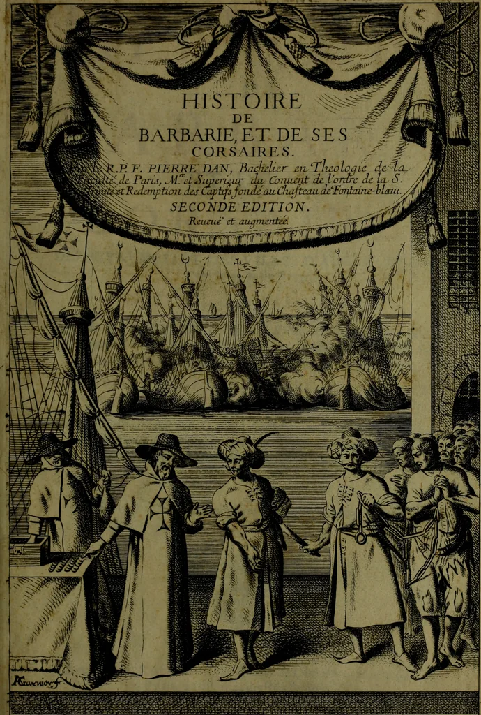 An illustration from Histoire de Barbarie, et de ses Corsaires. Des royavmes, et des villes d'Alger, de Tvnis, de Salé, [et] de Tripoly. Divisée en six livres. Ov il est traitté de levr govvernement, de leurs moeurs, de leurs cruautez, de leurs brigandages, de leurs sortileges, [et] de plusieurs autres particularitez remarquables. Ensemble des grandes miseres et des crvels tourmens qu'endurent les Chrestiens captifs parmy ces infideles, 1649, leaf 4