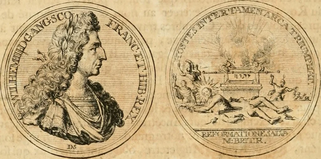 An illustration from Histoire de Guillaume III., roy d'Angleterre, d'Ecosse, de France, et d'Irlande, prince d'Orange, &c.; contenant ses actions les plus memorables, depuis sa naissance jusques à son elevation sur le trône, & ce qui s'est passé dupuis jusques à l'entiere reduction du royaume d'Irlande, 1692, leaf 103