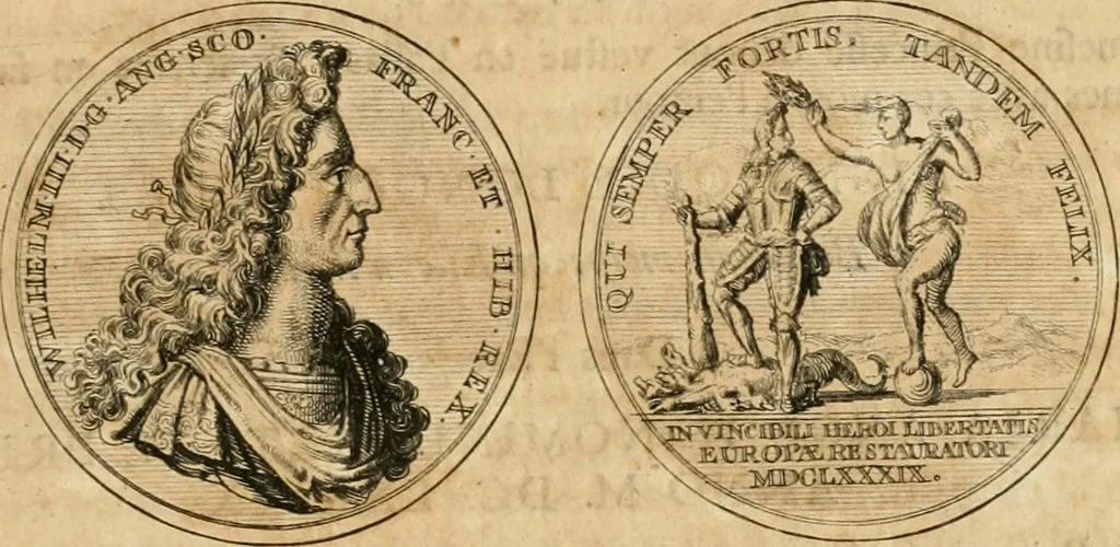 An illustration from Histoire de Guillaume III., roy d'Angleterre, d'Ecosse, de France, et d'Irlande, prince d'Orange, &c.; contenant ses actions les plus memorables, depuis sa naissance jusques à son elevation sur le trône, & ce qui s'est passé dupuis jusques à l'entiere reduction du royaume d'Irlande, 1692, leaf 104