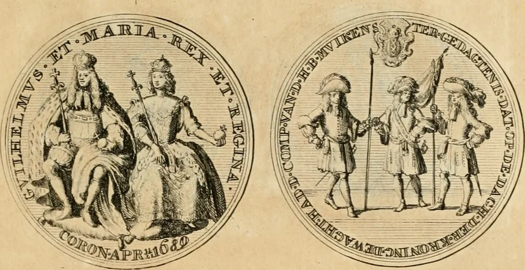 An illustration from Histoire de Guillaume III., roy d'Angleterre, d'Ecosse, de France, et d'Irlande, prince d'Orange, &c.; contenant ses actions les plus memorables, depuis sa naissance jusques à son elevation sur le trône, & ce qui s'est passé dupuis jusques à l'entiere reduction du royaume d'Irlande, 1692, leaf 128