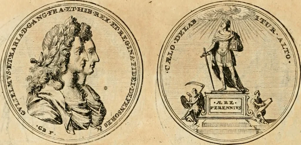 An illustration from Histoire de Guillaume III., roy d'Angleterre, d'Ecosse, de France, et d'Irlande, prince d'Orange, &c.; contenant ses actions les plus memorables, depuis sa naissance jusques à son elevation sur le trône, & ce qui s'est passé dupuis jusques à l'entiere reduction du royaume d'Irlande, 1692, leaf 129