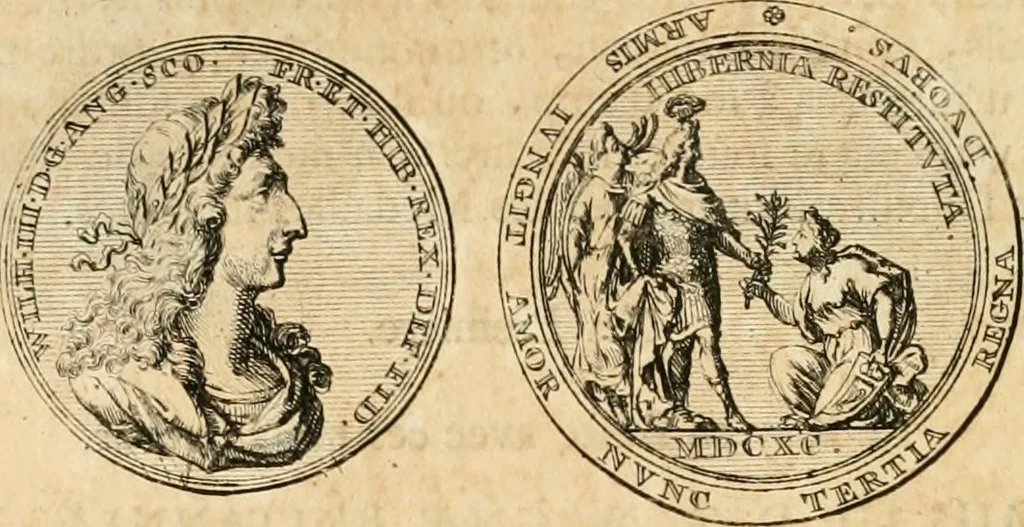 An illustration from Histoire de Guillaume III., roy d'Angleterre, d'Ecosse, de France, et d'Irlande, prince d'Orange, &c.; contenant ses actions les plus memorables, depuis sa naissance jusques à son elevation sur le trône, & ce qui s'est passé dupuis jusques à l'entiere reduction du royaume d'Irlande, 1692, leaf 157