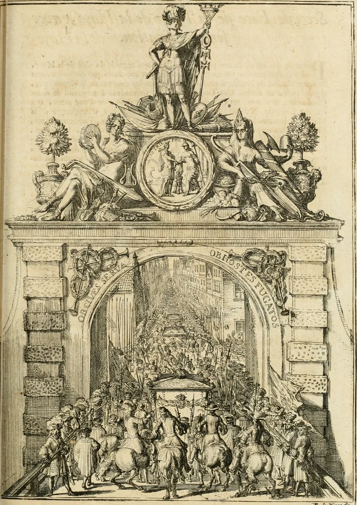 An illustration from Histoire de Guillaume III., roy d'Angleterre, d'Ecosse, de France, et d'Irlande, prince d'Orange, &c.; contenant ses actions les plus memorables, depuis sa naissance jusques à son elevation sur le trône, & ce qui s'est passé dupuis jusques à l'entiere reduction du royaume d'Irlande, 1692, leaf 176