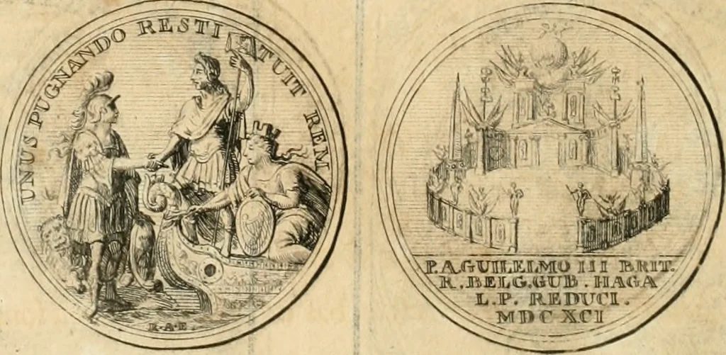 An illustration from Histoire de Guillaume III., roy d'Angleterre, d'Ecosse, de France, et d'Irlande, prince d'Orange, &c.; contenant ses actions les plus memorables, depuis sa naissance jusques à son elevation sur le trône, & ce qui s'est passé dupuis jusques à l'entiere reduction du royaume d'Irlande, 1692, leaf 183
