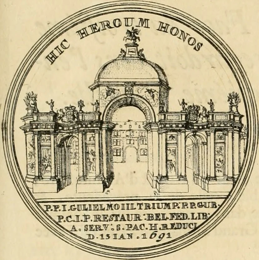 An illustration from Histoire de Guillaume III., roy d'Angleterre, d'Ecosse, de France, et d'Irlande, prince d'Orange, &c.; contenant ses actions les plus memorables, depuis sa naissance jusques à son elevation sur le trône, & ce qui s'est passé dupuis jusques à l'entiere reduction du royaume d'Irlande, 1692, leaf 202