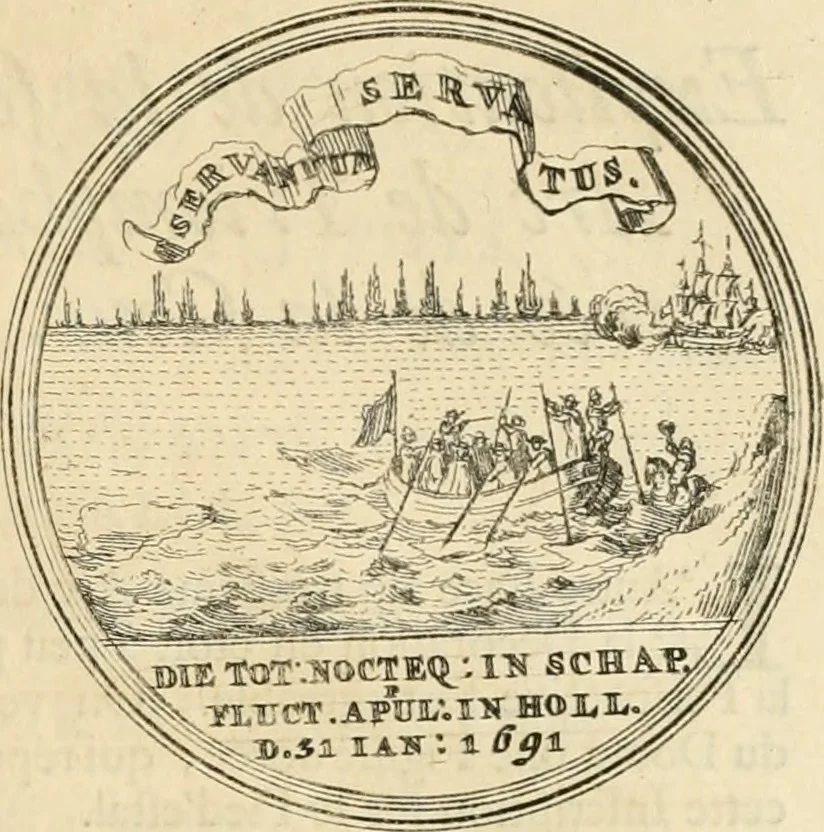 An illustration from Histoire de Guillaume III., roy d'Angleterre, d'Ecosse, de France, et d'Irlande, prince d'Orange, &c.; contenant ses actions les plus memorables, depuis sa naissance jusques à son elevation sur le trône, & ce qui s'est passé dupuis jusques à l'entiere reduction du royaume d'Irlande, 1692, leaf 202