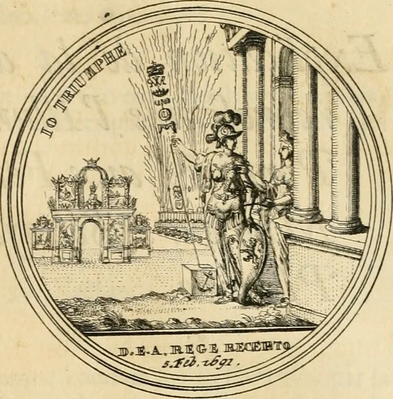 An illustration from Histoire de Guillaume III., roy d'Angleterre, d'Ecosse, de France, et d'Irlande, prince d'Orange, &c.; contenant ses actions les plus memorables, depuis sa naissance jusques à son elevation sur le trône, & ce qui s'est passé dupuis jusques à l'entiere reduction du royaume d'Irlande, 1692, leaf 214