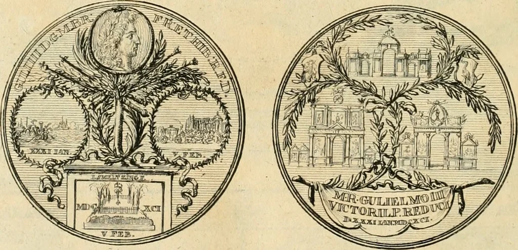 An illustration from Histoire de Guillaume III., roy d'Angleterre, d'Ecosse, de France, et d'Irlande, prince d'Orange, &c.; contenant ses actions les plus memorables, depuis sa naissance jusques à son elevation sur le trône, & ce qui s'est passé dupuis jusques à l'entiere reduction du royaume d'Irlande, 1692, leaf 219