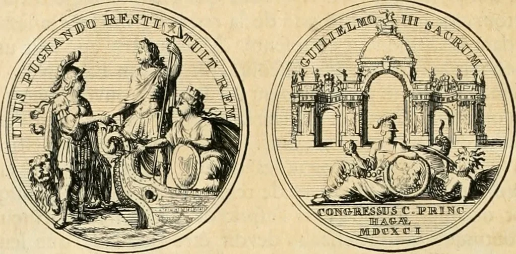 An illustration from Histoire de Guillaume III., roy d'Angleterre, d'Ecosse, de France, et d'Irlande, prince d'Orange, &c.; contenant ses actions les plus memorables, depuis sa naissance jusques à son elevation sur le trône, & ce qui s'est passé dupuis jusques à l'entiere reduction du royaume d'Irlande, 1692, leaf 225