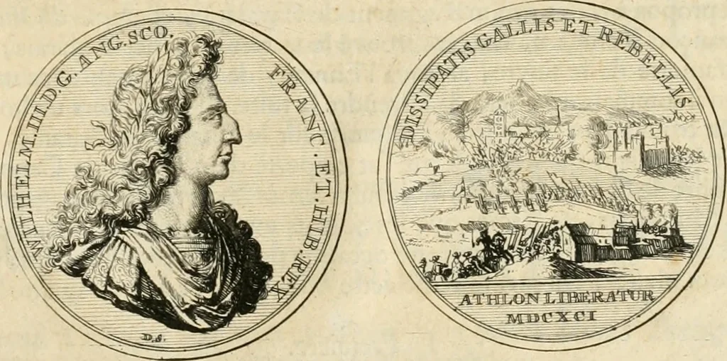 An illustration from Histoire de Guillaume III., roy d'Angleterre, d'Ecosse, de France, et d'Irlande, prince d'Orange, &c.; contenant ses actions les plus memorables, depuis sa naissance jusques à son elevation sur le trône, & ce qui s'est passé dupuis jusques à l'entiere reduction du royaume d'Irlande, 1692, leaf 234