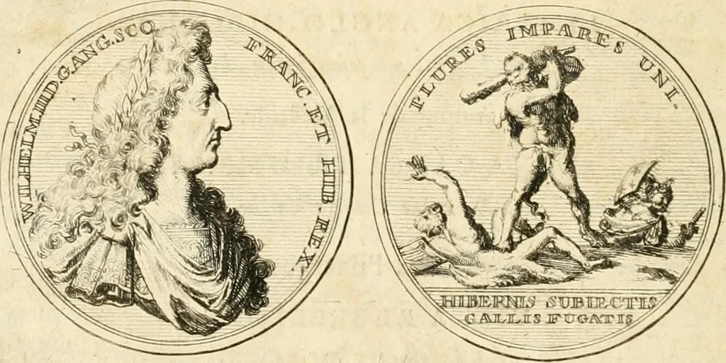 An illustration from Histoire de Guillaume III., roy d'Angleterre, d'Ecosse, de France, et d'Irlande, prince d'Orange, &c.; contenant ses actions les plus memorables, depuis sa naissance jusques à son elevation sur le trône, & ce qui s'est passé dupuis jusques à l'entiere reduction du royaume d'Irlande, 1692, leaf 243