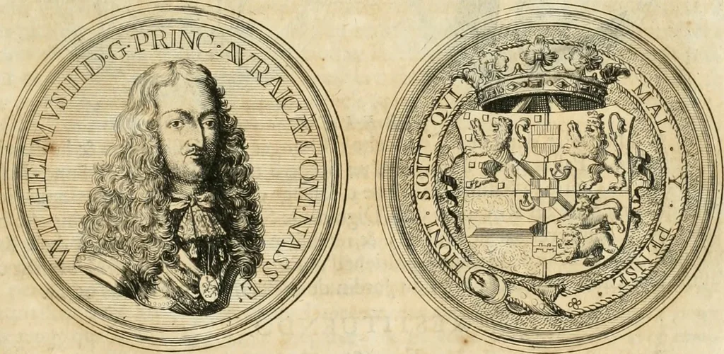 An illustration from Histoire de Guillaume III., roy d'Angleterre, d'Ecosse, de France, et d'Irlande, prince d'Orange, &c.; contenant ses actions les plus memorables, depuis sa naissance jusques à son elevation sur le trône, & ce qui s'est passé dupuis jusques à l'entiere reduction du royaume d'Irlande, 1692, leaf 58