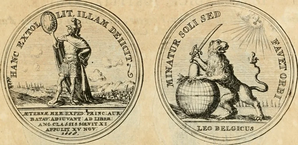 An illustration from Histoire de Guillaume III., roy d'Angleterre, d'Ecosse, de France, et d'Irlande, prince d'Orange, &c.; contenant ses actions les plus memorables, depuis sa naissance jusques à son elevation sur le trône, & ce qui s'est passé dupuis jusques à l'entiere reduction du royaume d'Irlande, 1692, leaf 84