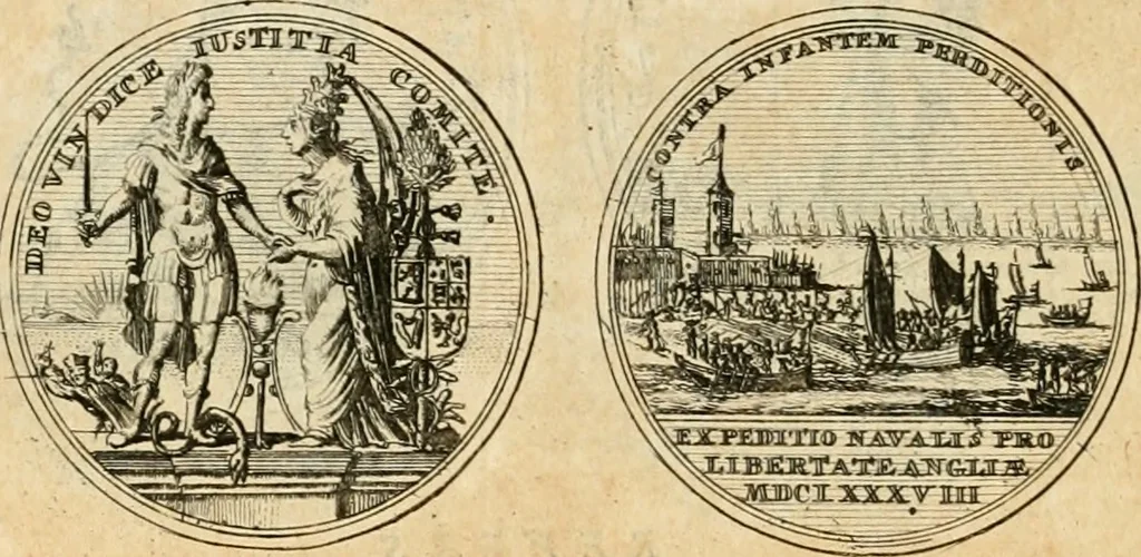 An illustration from Histoire de Guillaume III., roy d'Angleterre, d'Ecosse, de France, et d'Irlande, prince d'Orange, &c.; contenant ses actions les plus memorables, depuis sa naissance jusques à son elevation sur le trône, & ce qui s'est passé dupuis jusques à l'entiere reduction du royaume d'Irlande, 1692, leaf 85