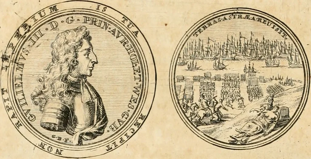 An illustration from Histoire de Guillaume III., roy d'Angleterre, d'Ecosse, de France, et d'Irlande, prince d'Orange, &c.; contenant ses actions les plus memorables, depuis sa naissance jusques à son elevation sur le trône, & ce qui s'est passé dupuis jusques à l'entiere reduction du royaume d'Irlande, 1692, leaf 87
