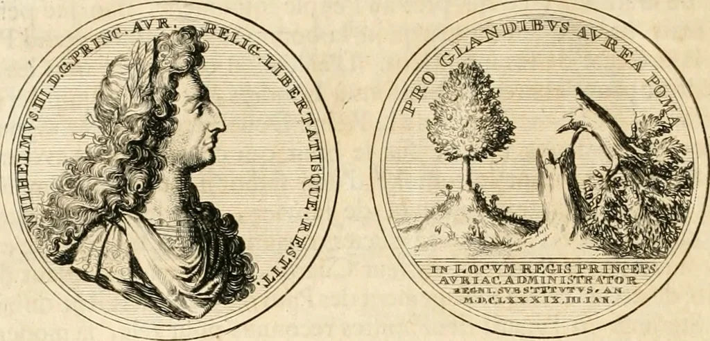 An illustration from Histoire de Guillaume III., roy d'Angleterre, d'Ecosse, de France, et d'Irlande, prince d'Orange, &c.; contenant ses actions les plus memorables, depuis sa naissance jusques à son elevation sur le trône, & ce qui s'est passé dupuis jusques à l'entiere reduction du royaume d'Irlande, 1692, leaf 97