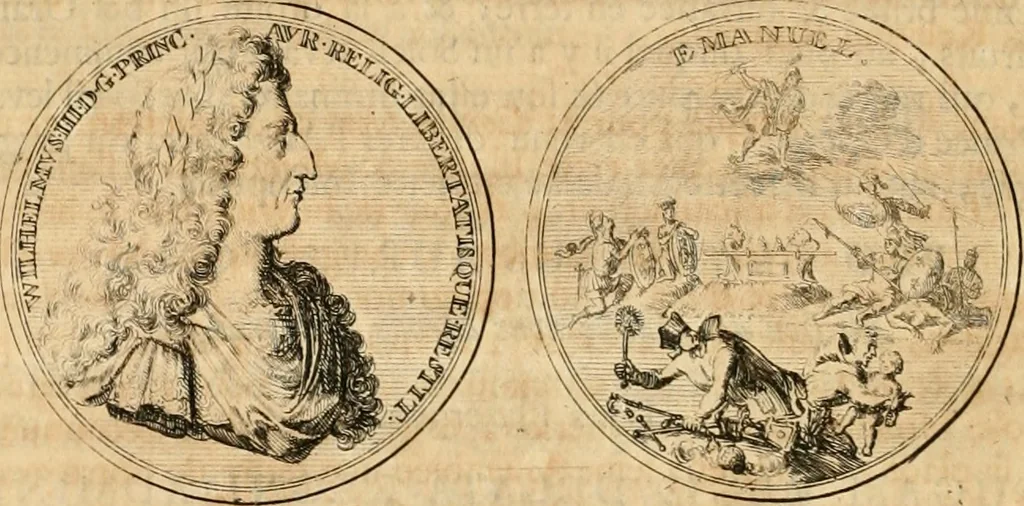 An illustration from Histoire de Guillaume III., roy d'Angleterre, d'Ecosse, de France, et d'Irlande, prince d'Orange, &c.; contenant ses actions les plus memorables, depuis sa naissance jusques à son elevation sur le trône, & ce qui s'est passé dupuis jusques à l'entiere reduction du royaume d'Irlande, 1692, leaf 99