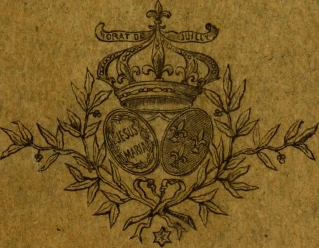 An illustration from Histoire de l'abbaye et du collège de Juilly depuis leurs origines jusqu'a nos jours : ornée d'une vue de la façade intérieure du collège et des portraits du cardinal de Bérulle, instituteur de l'Oratoire et du P. de Condren, fondateur du collège, 1888, leaf 5
