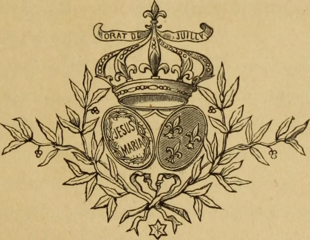 An illustration from Histoire de l'abbaye et du collège de Juilly depuis leurs origines jusqu'a nos jours : ornée d'une vue de la façade intérieure du collège et des portraits du cardinal de Bérulle, instituteur de l'Oratoire et du P. de Condren, fondateur du collège, 1888, leaf 9