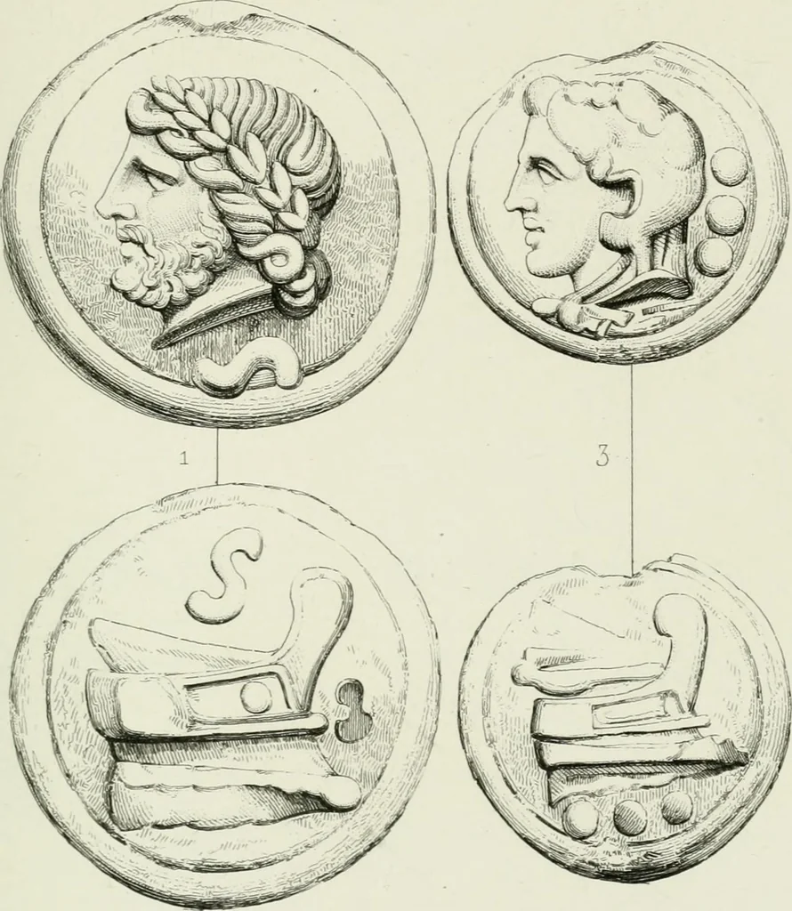 An illustration from Histoire de la monnaie romaine. Traduite de l'allemand par le duc de Blacas, 1865, leaf 190