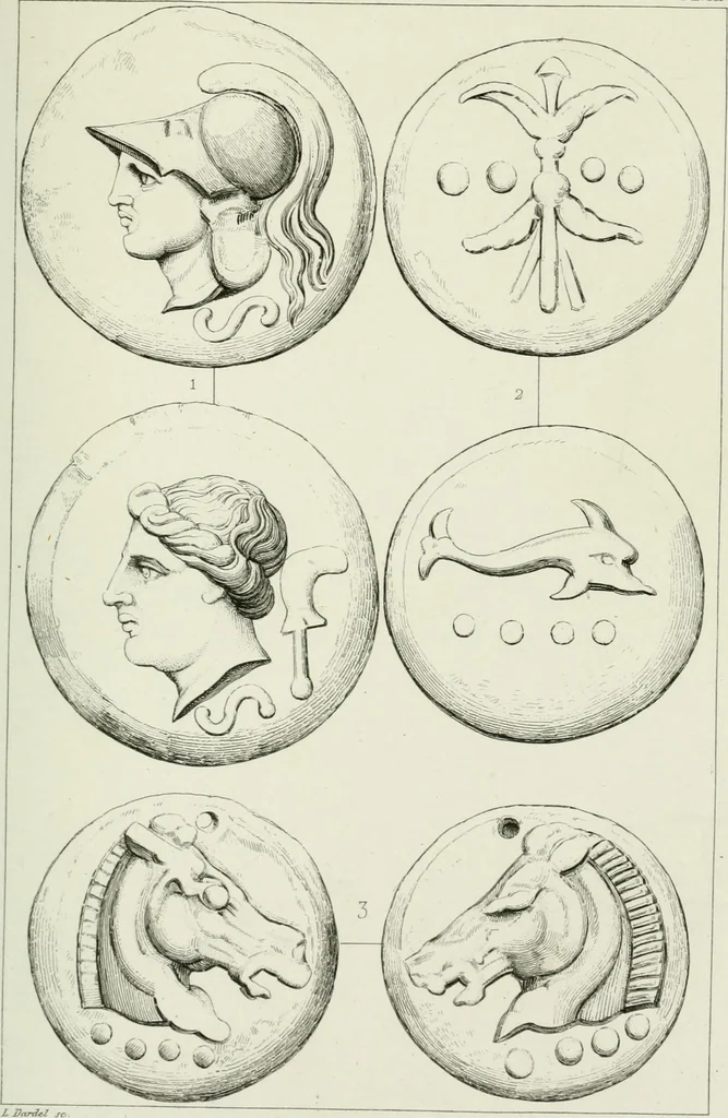 An illustration from Histoire de la monnaie romaine. Traduite de l'allemand par le duc de Blacas, 1865, leaf 196