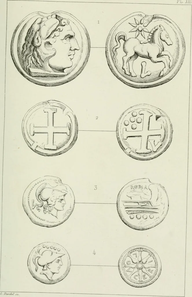 An illustration from Histoire de la monnaie romaine. Traduite de l'allemand par le duc de Blacas, 1865, leaf 204
