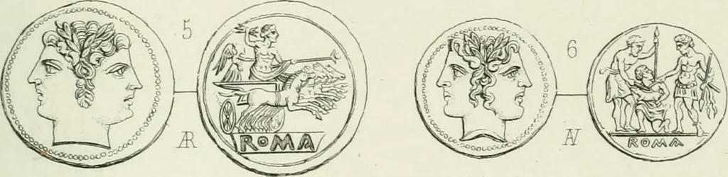 An illustration from Histoire de la monnaie romaine. Traduite de l'allemand par le duc de Blacas, 1865, leaf 212