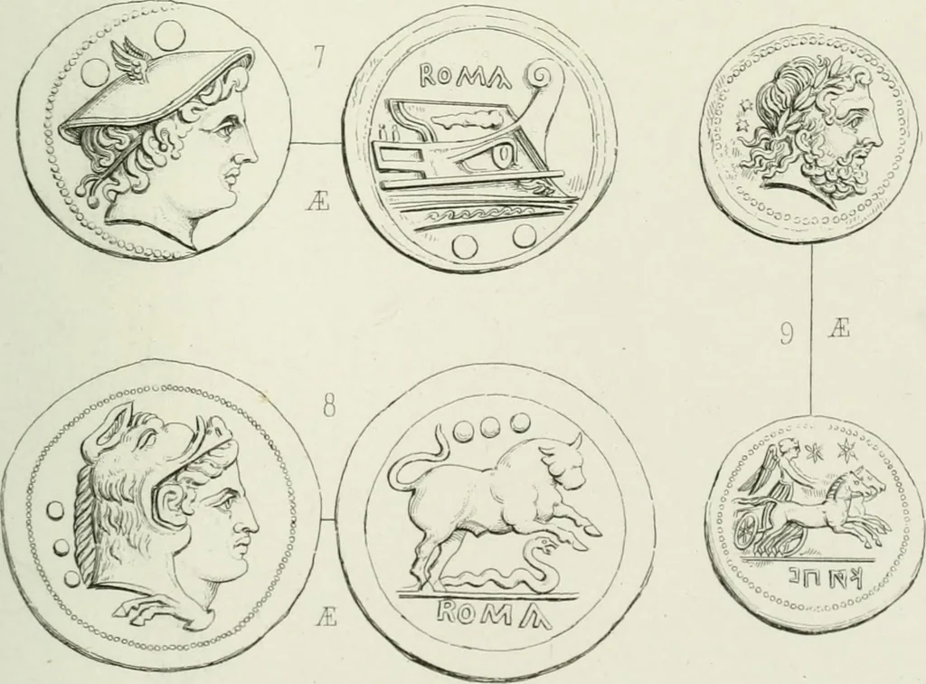 An illustration from Histoire de la monnaie romaine. Traduite de l'allemand par le duc de Blacas, 1865, leaf 212