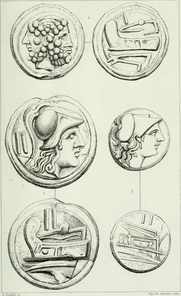 An illustration from Histoire de la monnaie romaine. Traduite de l'allemand par le duc de Blacas, 1865, leaf 220