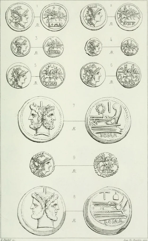 An illustration from Histoire de la monnaie romaine. Traduite de l'allemand par le duc de Blacas, 1865, leaf 222