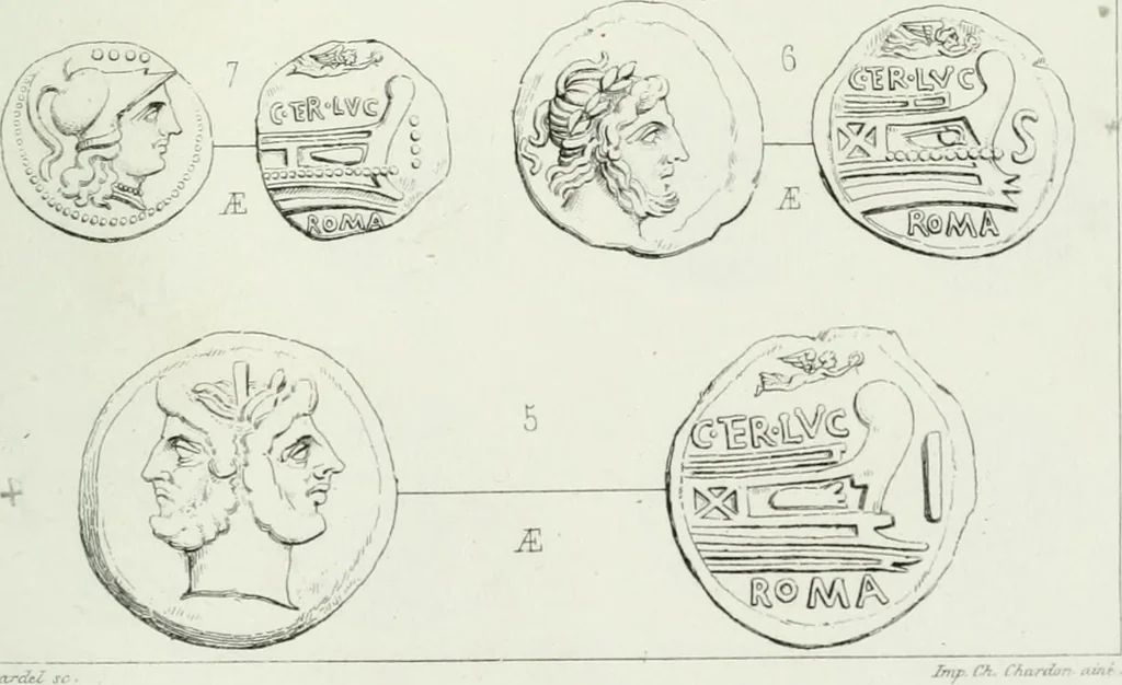 An illustration from Histoire de la monnaie romaine. Traduite de l'allemand par le duc de Blacas, 1865, leaf 228
