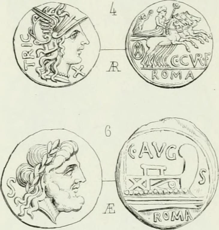 An illustration from Histoire de la monnaie romaine. Traduite de l'allemand par le duc de Blacas, 1865, leaf 230