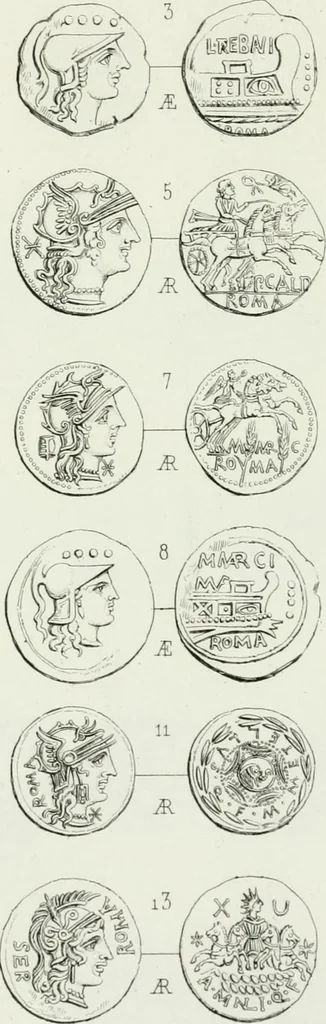 An illustration from Histoire de la monnaie romaine. Traduite de l'allemand par le duc de Blacas, 1865, leaf 232