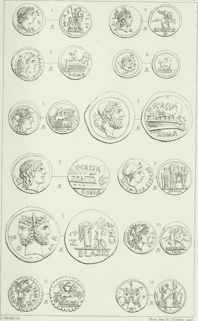 An illustration from Histoire de la monnaie romaine. Traduite de l'allemand par le duc de Blacas, 1865, leaf 234