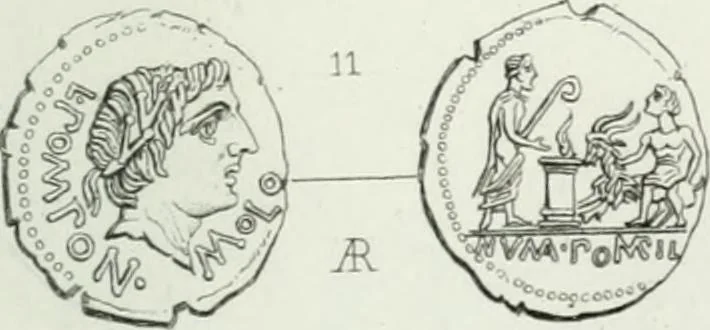 An illustration from Histoire de la monnaie romaine. Traduite de l'allemand par le duc de Blacas, 1865, leaf 236