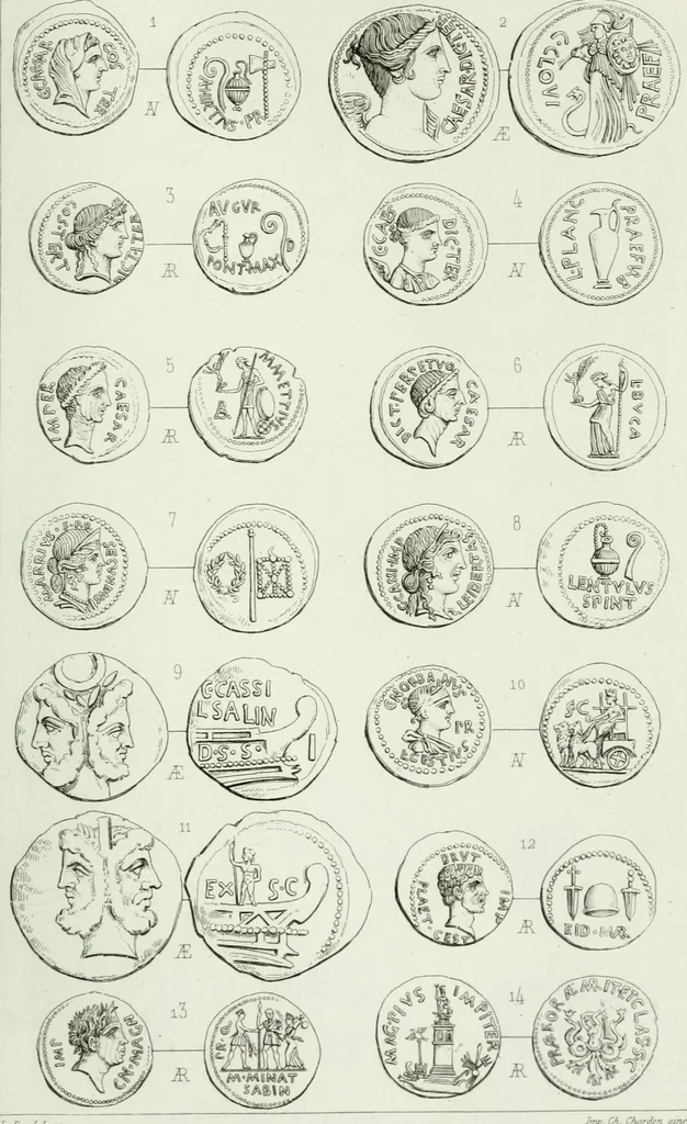An illustration from Histoire de la monnaie romaine. Traduite de l'allemand par le duc de Blacas, 1865, leaf 242