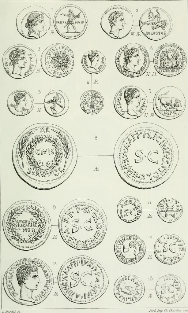An illustration from Histoire de la monnaie romaine. Traduite de l'allemand par le duc de Blacas, 1865, leaf 246