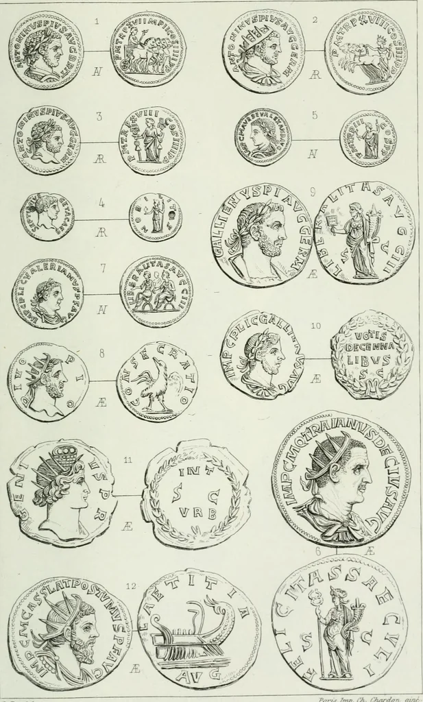 An illustration from Histoire de la monnaie romaine. Traduite de l'allemand par le duc de Blacas, 1865, leaf 250